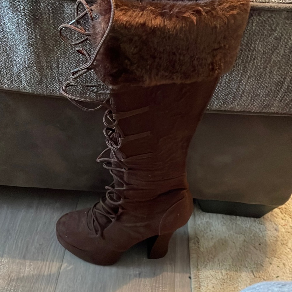 Brown Swede boots lace and tie and top size